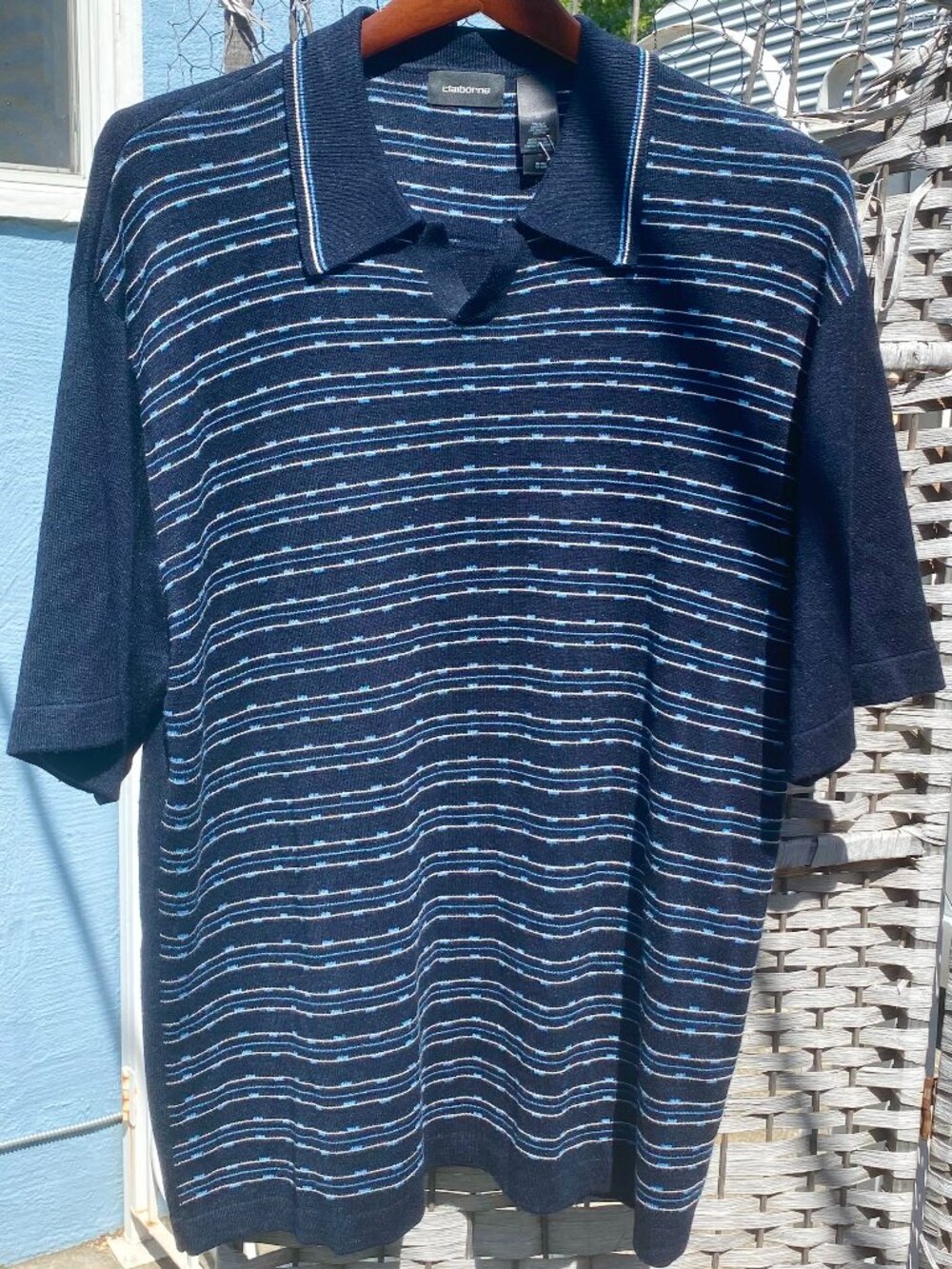 Claiborne Men Silk Geometric Short Sleeve Shirt Navy Blue Size Medium
